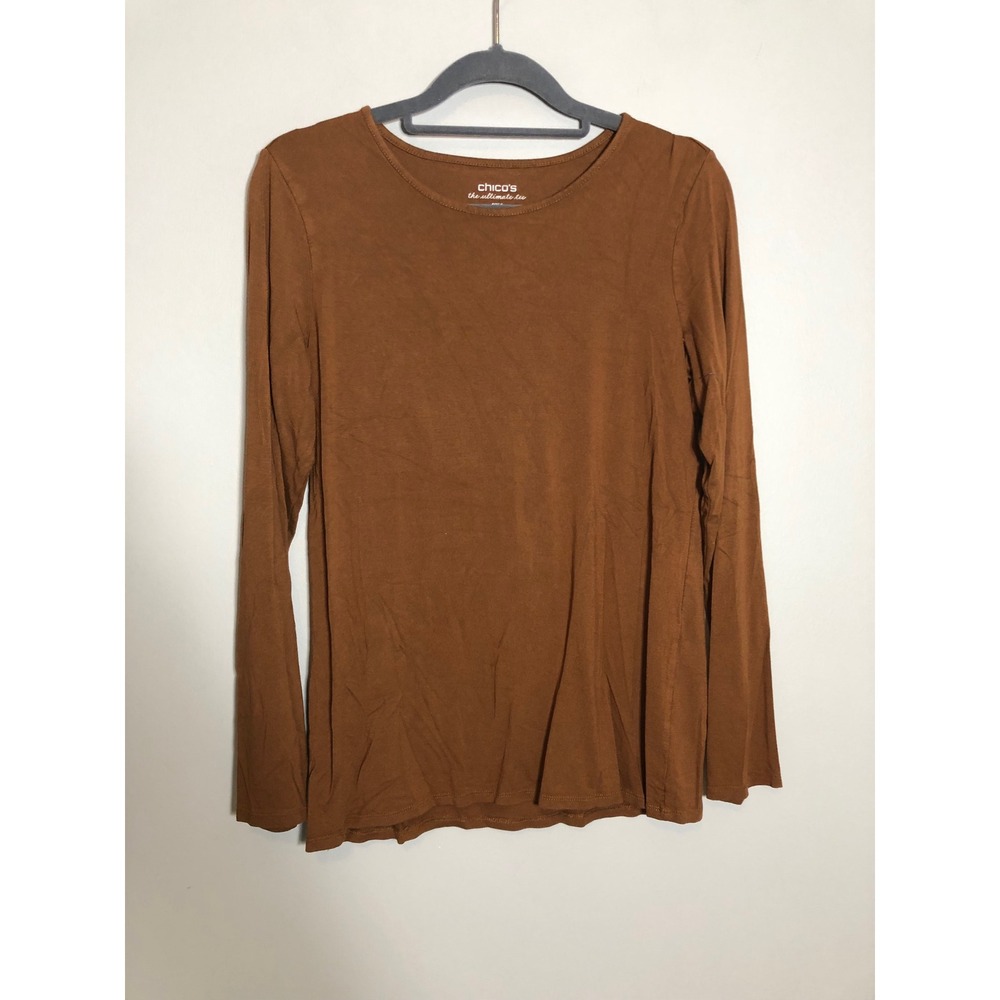 Chico's The Ultimate Tee Women Size 0 Sm Brown Long Sleeve Crew Neck Stretch Top